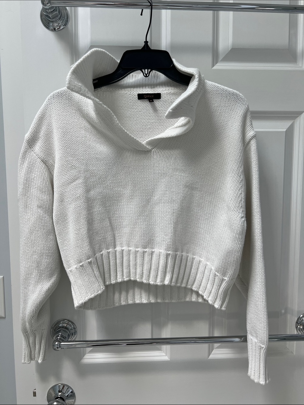 Quince White Cropped Collar Neck Sweater